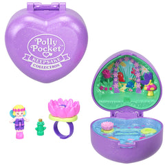 Polly Pocket Heritage Yüzük Kutusu Fairy Meadow Oyun Seti, Mikro Peri Bebek, Kurbağa ve Takılabilir Nilüfer Yüzük