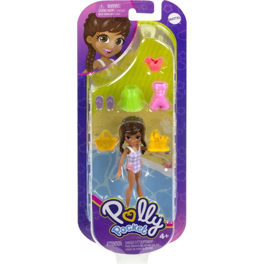Polly Pocket ve Moda Aksesuarları Oyun Seti Plaj, 9 cm Bebek ve Değiştirilebilir Kıyafetler