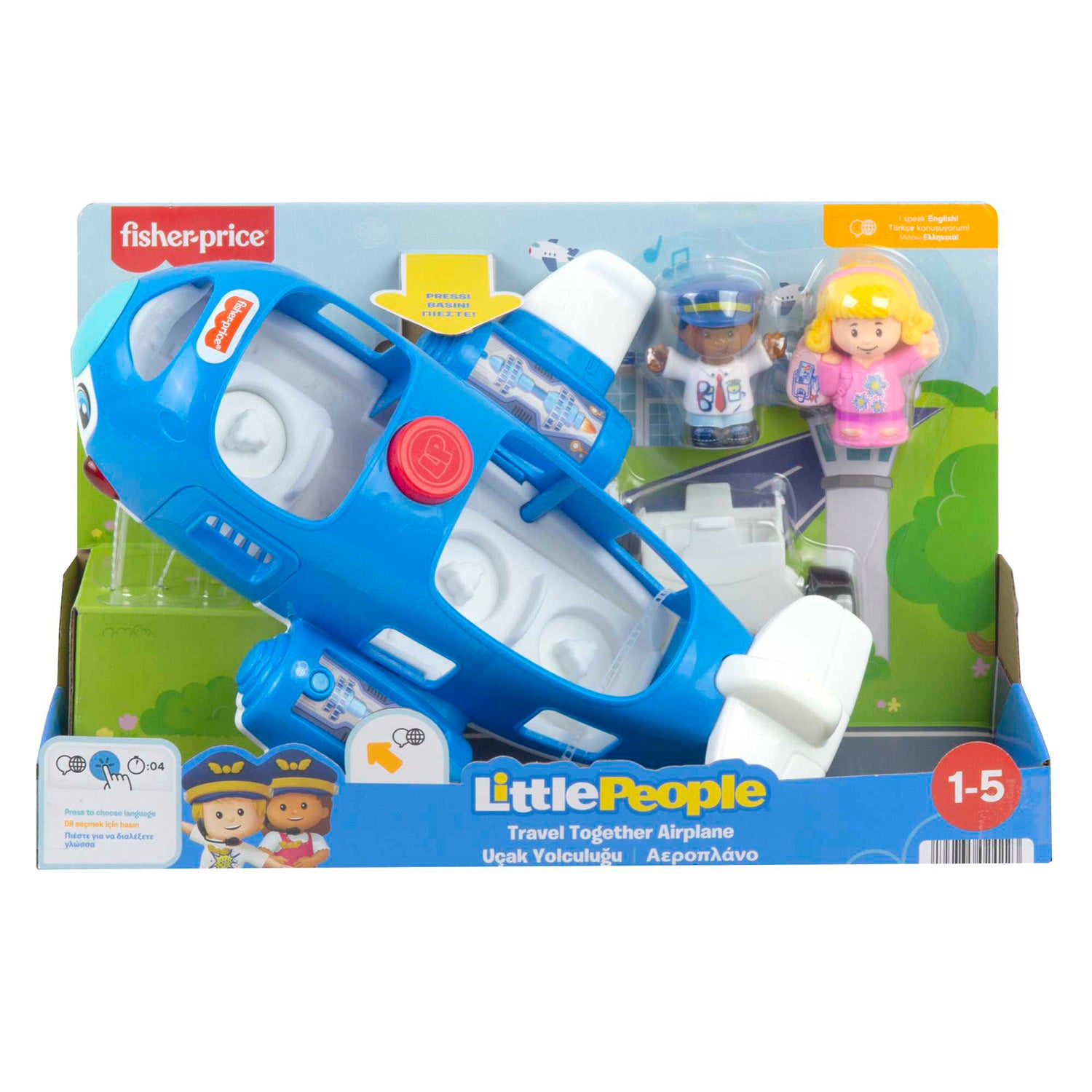 Little People Uçak Yolculuğu oyuncağı, Türkçe ve İngilizce dil seçenekleri ile birlikte, 1-5 yaş arası okul öncesi çağdaki çocuklar için uygundur