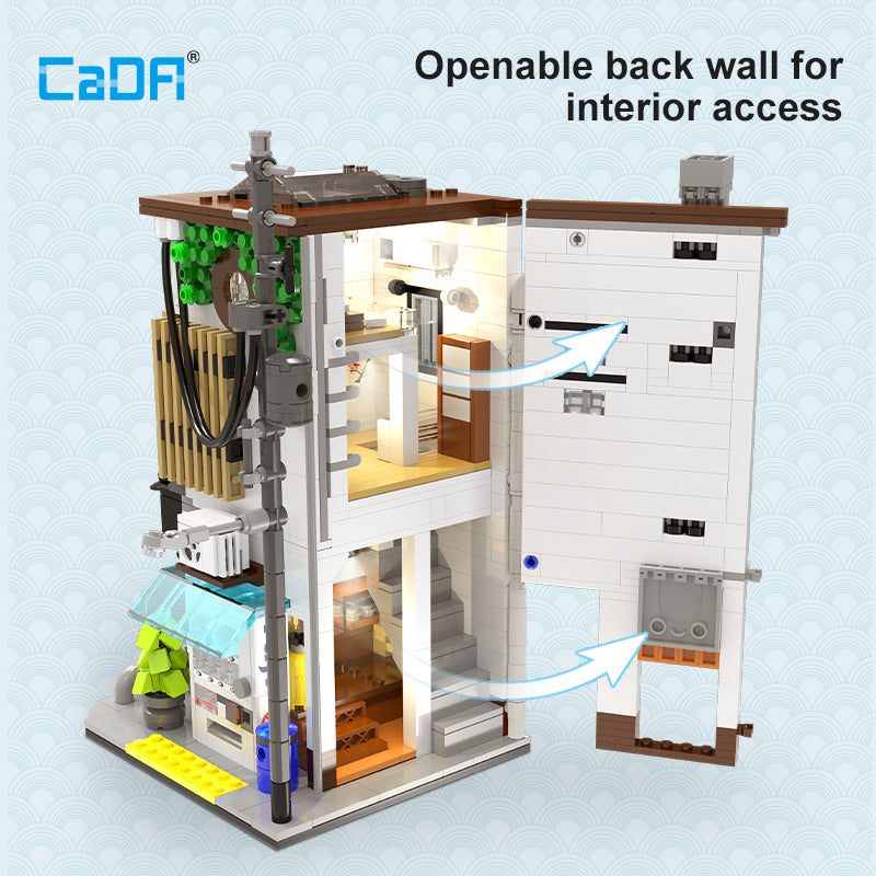CaDA Japon Çörek Dükkanı Yapı Seti - 1108 Parça Lego Uyumlu Blok, USB Işıklı Vitrinlik Model