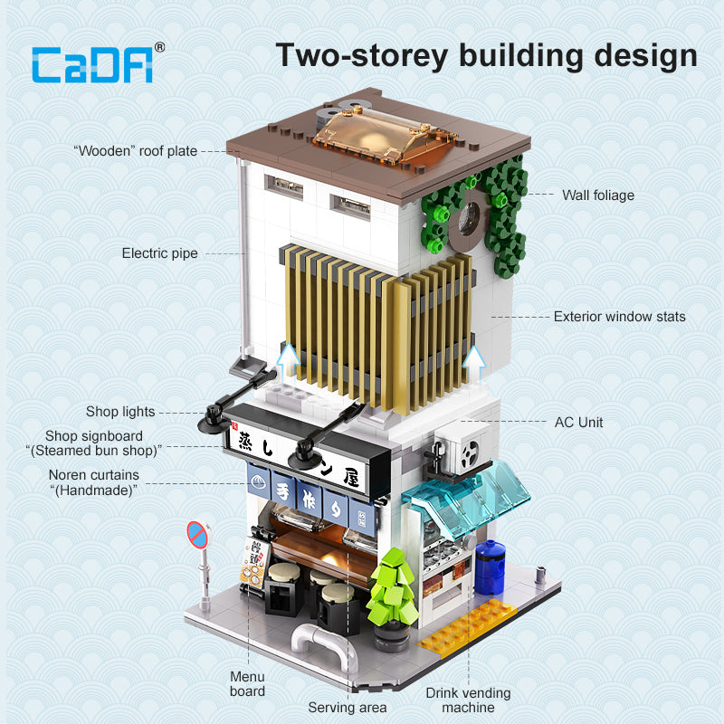 CaDA Japon Çörek Dükkanı Yapı Seti - 1108 Parça Lego Uyumlu Blok, USB Işıklı Vitrinlik Model