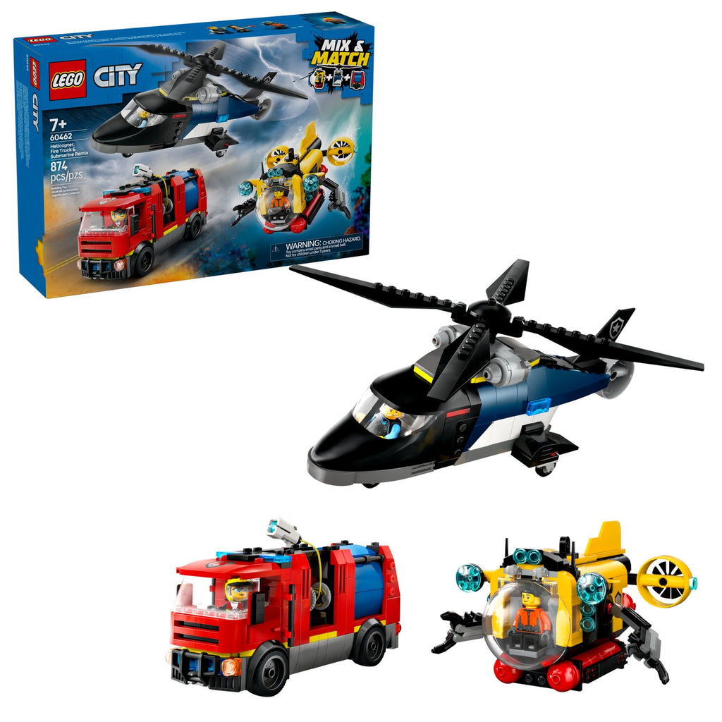 LEGO City Helikopter, İtfaiye Kamyonu ve Denizaltı Remix Yapım Seti - 874 Parça (60462)