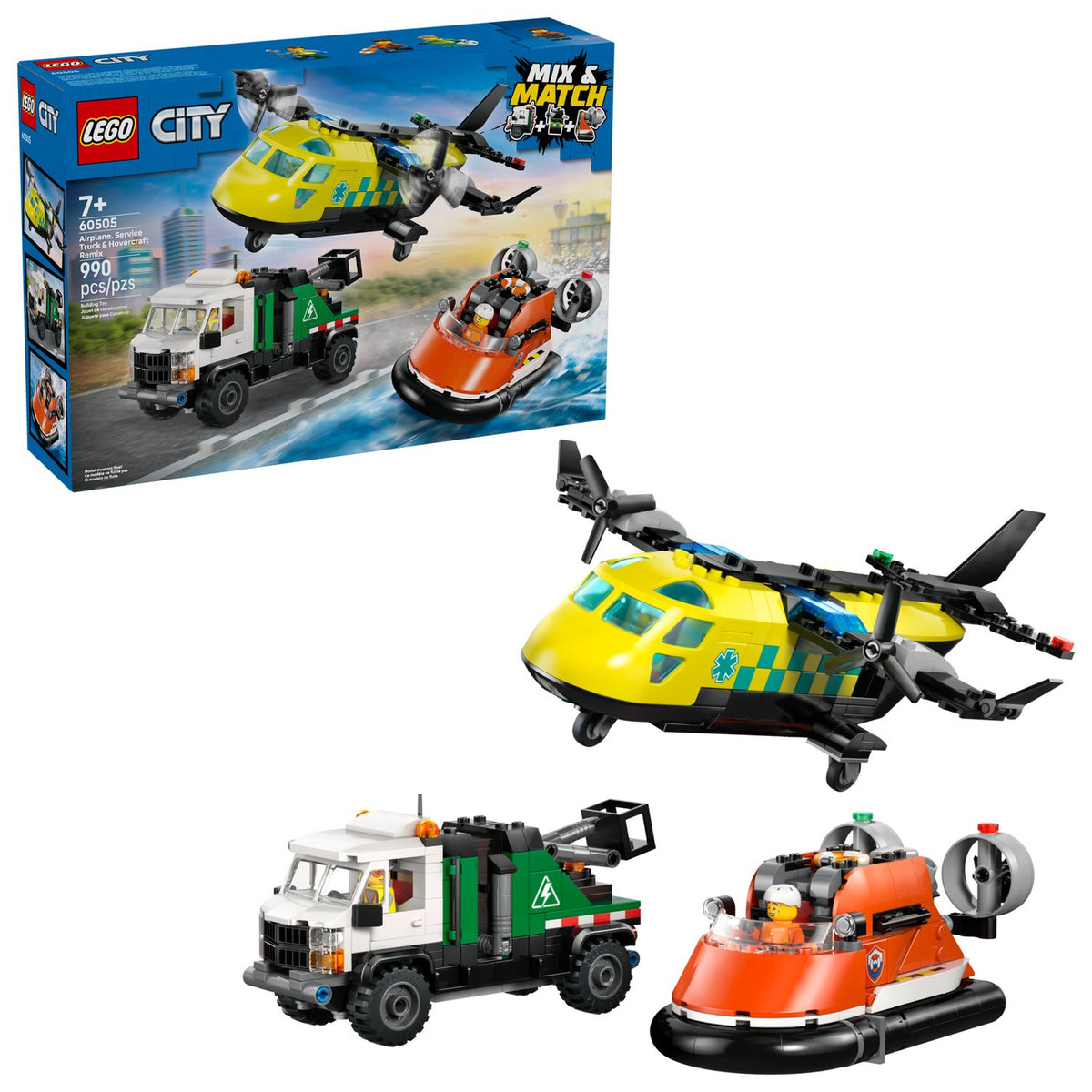 LEGO City Uçak, Servis Kamyonu ve Hoverkraft Yapım Seti 60505 - 990 Parça Mix & Match Acil Durum Araçları