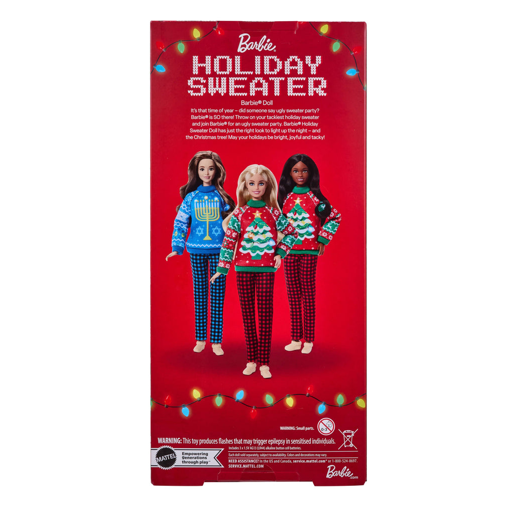 Barbie Holiday Sweater bebeği, yılbaşı kazağı giyen koleksiyona uygun bebek