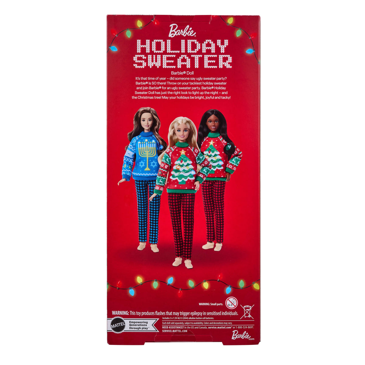 Barbie Holiday Sweater bebeği, yılbaşı kazağı giyen koleksiyona uygun bebek