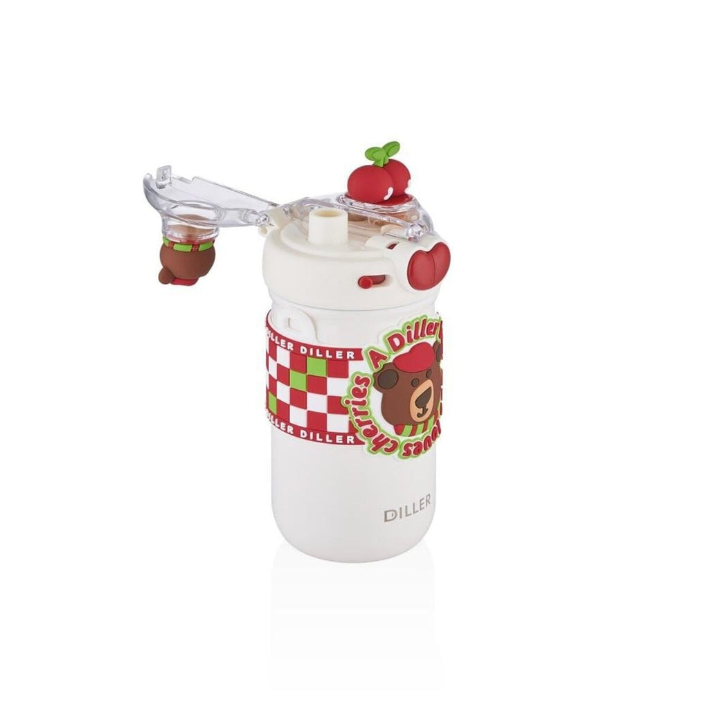 Diller D9235 520 ml Paslanmaz Çelik Çocuk Termosu - Ayı ve Kiraz Desenli Pipetli Askılı Matara