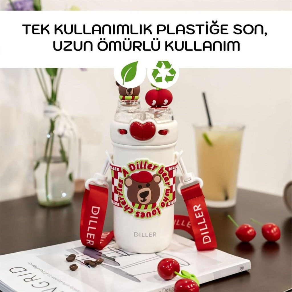 Diller D9235 520 ml Paslanmaz Çelik Çocuk Termosu - Ayı ve Kiraz Desenli Pipetli Askılı Matara