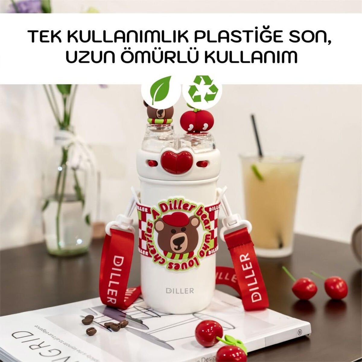 Diller D9235 520 ml Paslanmaz Çelik Çocuk Termosu - Ayı ve Kiraz Desenli Pipetli Askılı Matara
