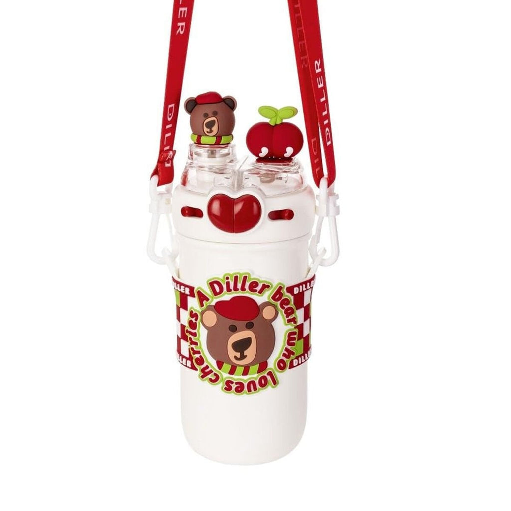 Diller D9235 520 ml Paslanmaz Çelik Çocuk Termosu - Ayı ve Kiraz Desenli Pipetli Askılı Matara