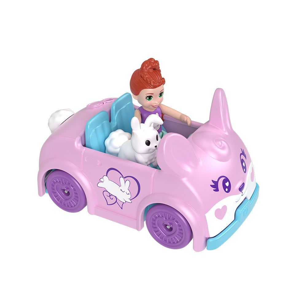 Polly Pocket Muhteşem Araçlar Tavşan Arabası, Mini Bebek, Beyaz Tavşan Figürü ve Metal Araç