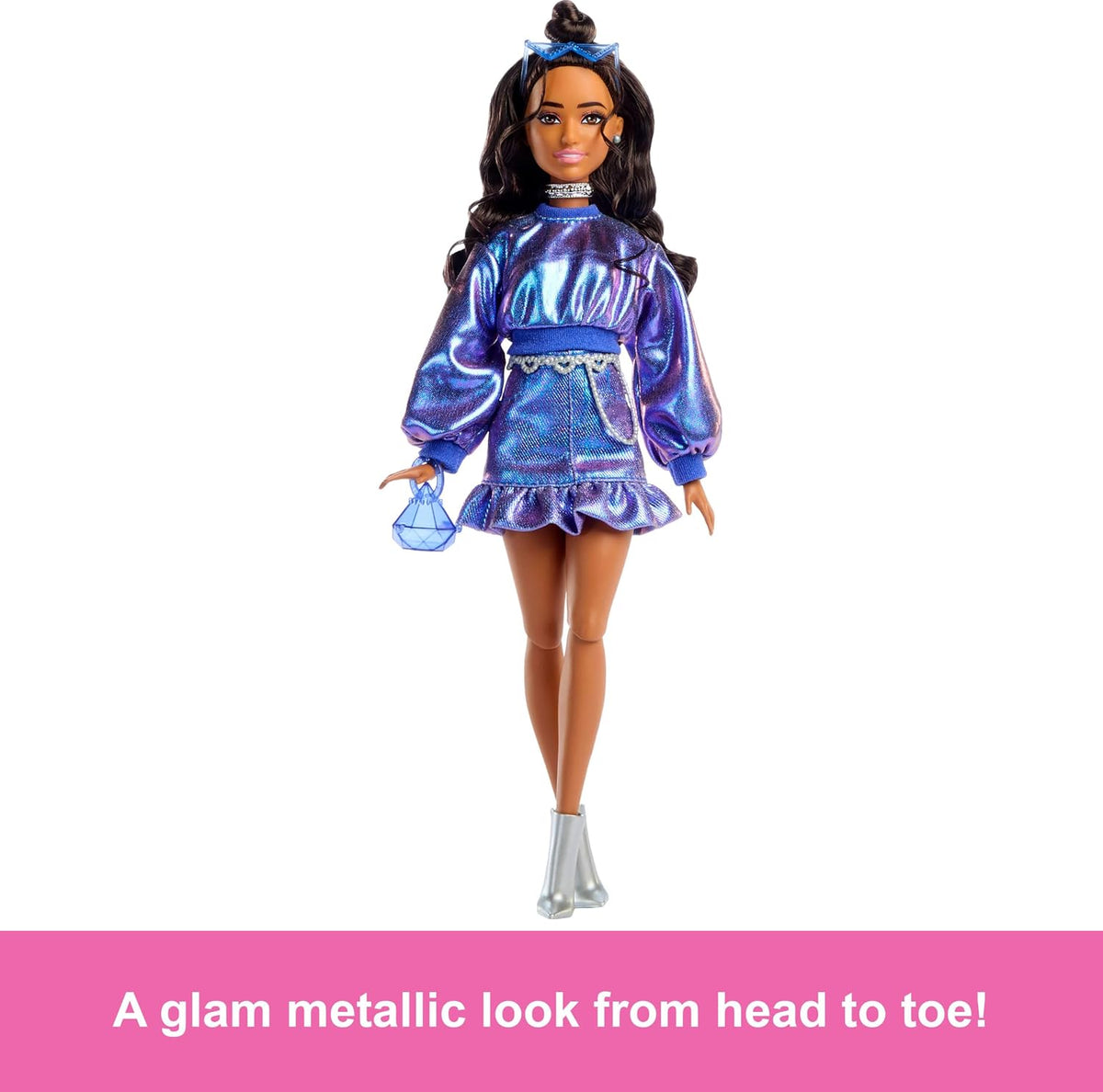 Barbie Stil İkonu Bebek – Metalik Mavi Bluz ve Etek Kombinli, Dalgalı Kahverengi Saçlı (7)