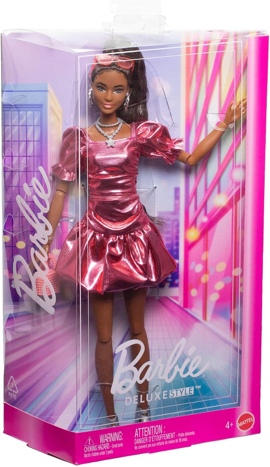 Barbie Stil İkonu Bebek – Metalik Mercan Balon Etekli Elbiseli, Siyah At Kuyruğu Saçlı (6)