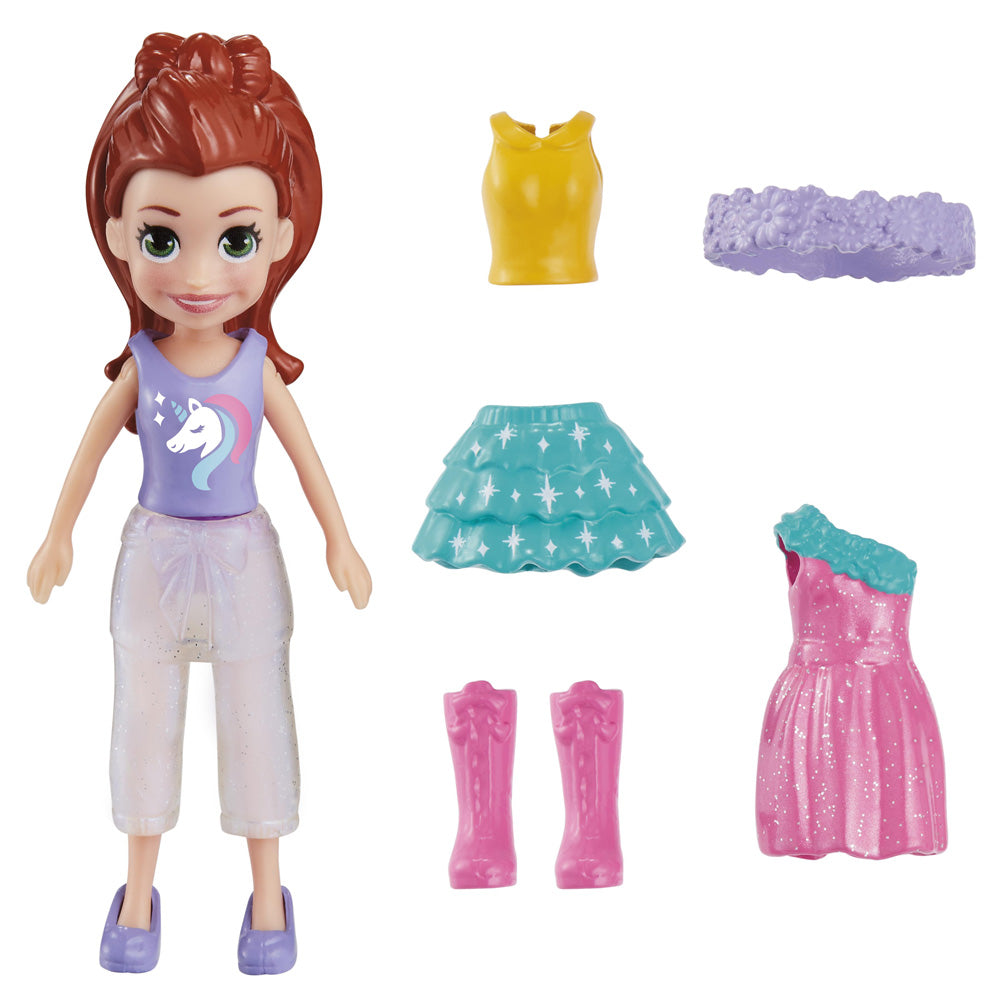 Polly Pocket ve Moda Aksesuarları Oyun Seti Unicorn, 9 cm Bebek ve Değiştirilebilir Kıyafetler