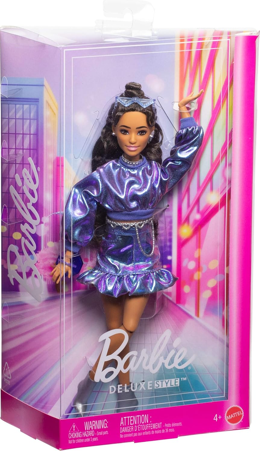 Barbie Stil İkonu Bebek – Metalik Mavi Bluz ve Etek Kombinli, Dalgalı Kahverengi Saçlı (7)