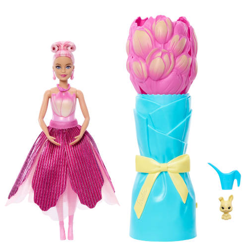 Barbie Petal Pop kokulu bebek, lale şeklinde pembe bir elbise giyen bebek, minik tavşan gibi sürpriz aksesuarlar