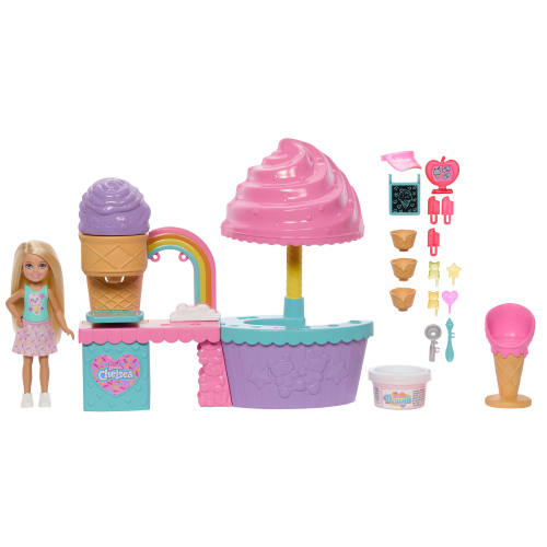Barbie Club Chelsea Dondurma Dükkanı Oyun Seti, Chelsea bebek, 2 renkli oyun hamuru ve aksesuarlar