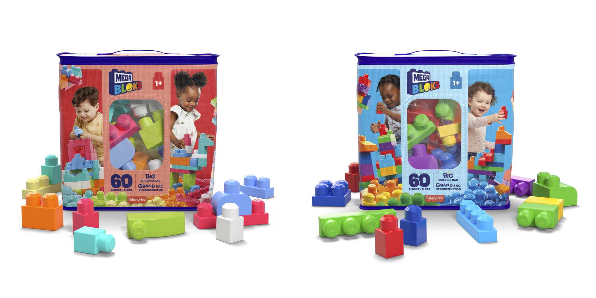 Mega Bloks 60'lı Blok Torbaları (Mavi/Pembe), Büyük Boyutlu Bloklar, 1 Yaştan İtibaren Uygun, Doğa Dostu Saklama Çantası Dahil, CYP67