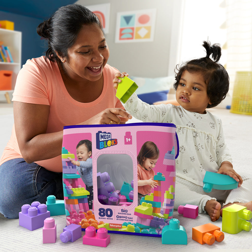 Mega Bloks 80'li Blok Torbaları (Mavi/Pembe), Büyük Boyutlu Bloklar, 1 Yaştan İtibaren Uygun, Doğa Dostu Saklama Çantası Dahil, CYP72