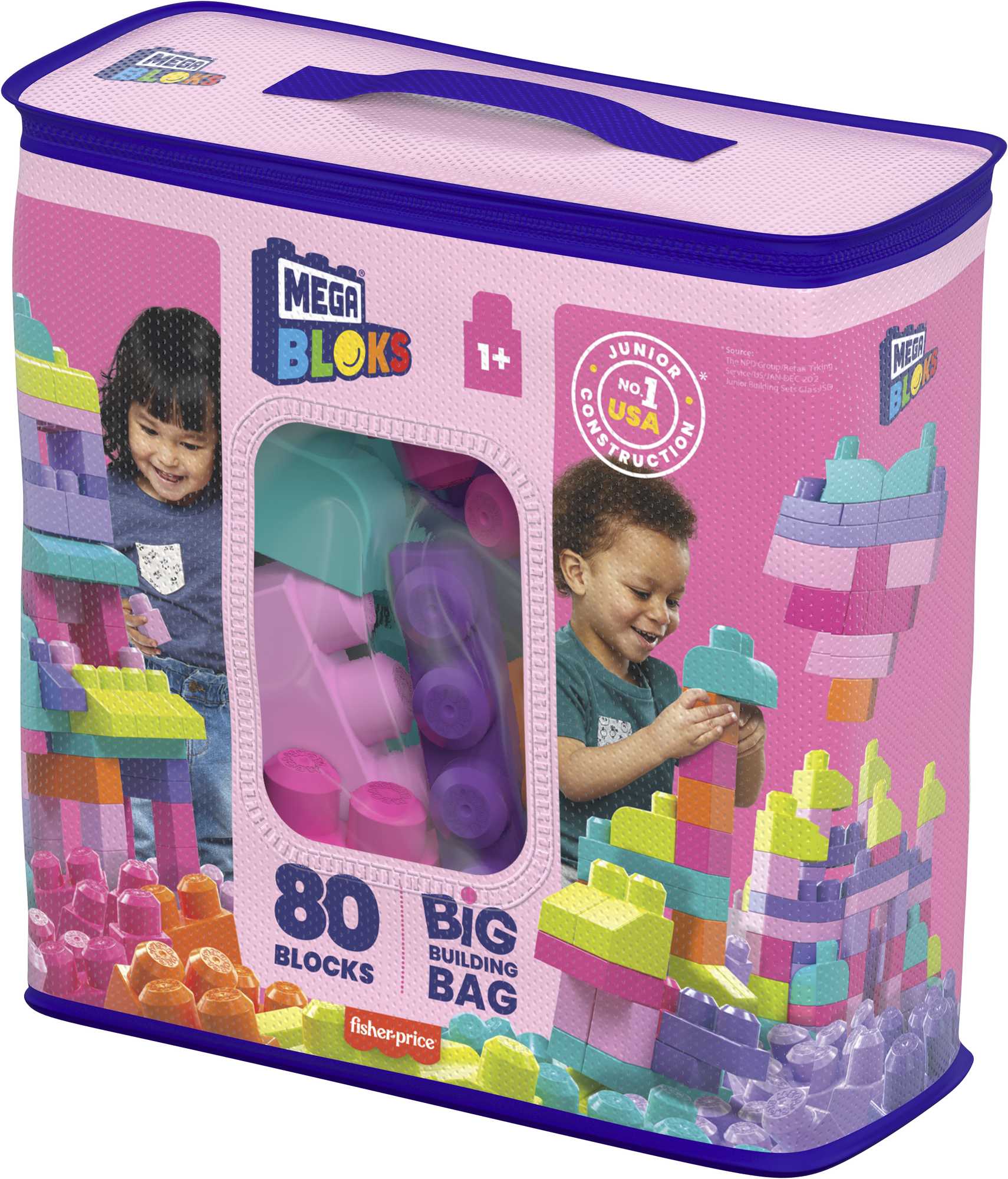 Mega Bloks 80'li Blok Torbaları (Mavi/Pembe), Büyük Boyutlu Bloklar, 1 Yaştan İtibaren Uygun, Doğa Dostu Saklama Çantası Dahil, CYP72
