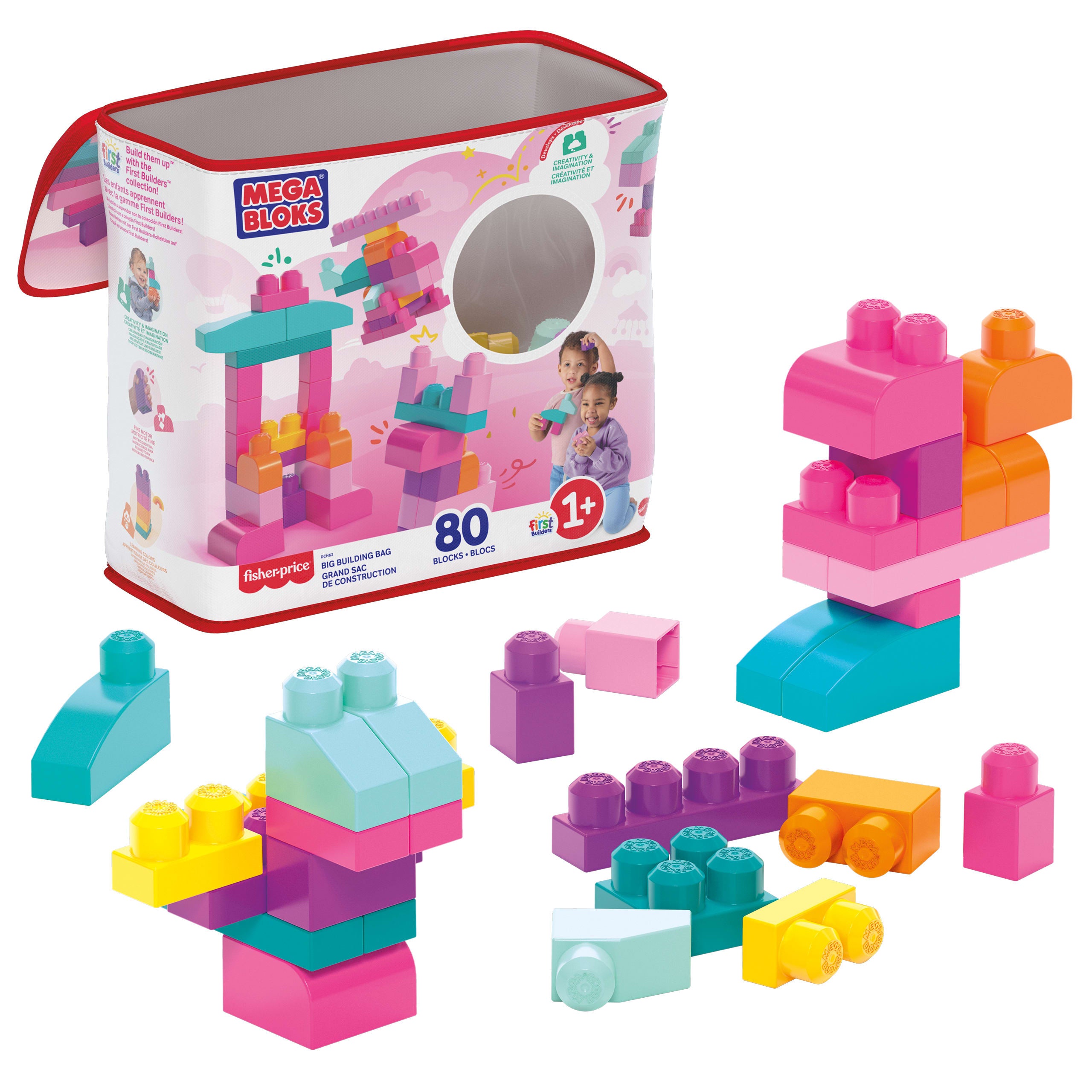 Mega Bloks 80'li Blok Torbaları (Pembe), Büyük Boyutlu Bloklar, 1 Yaştan İtibaren Uygun, Doğa Dostu Saklama Çantası Dahil, DCH62