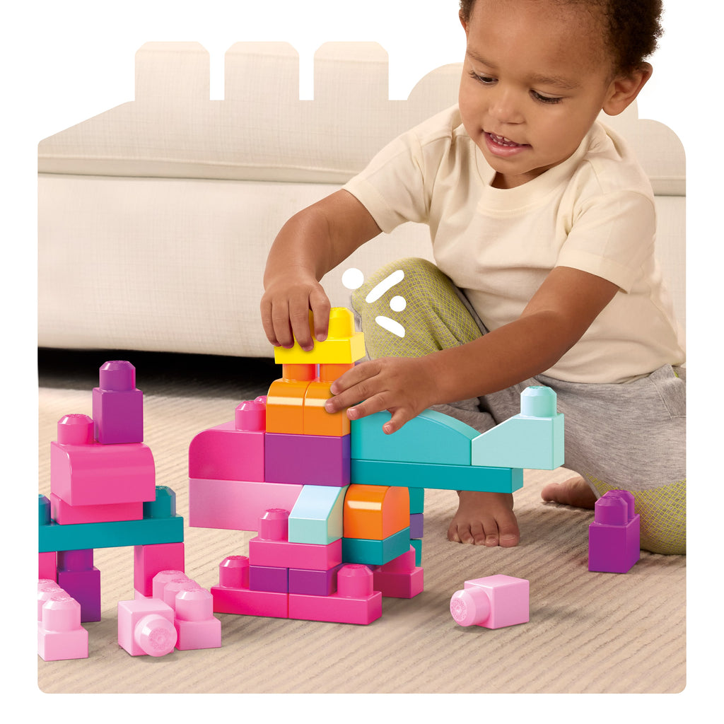 Mega Bloks 80'li Blok Torbaları (Pembe), Büyük Boyutlu Bloklar, 1 Yaştan İtibaren Uygun, Doğa Dostu Saklama Çantası Dahil, DCH62