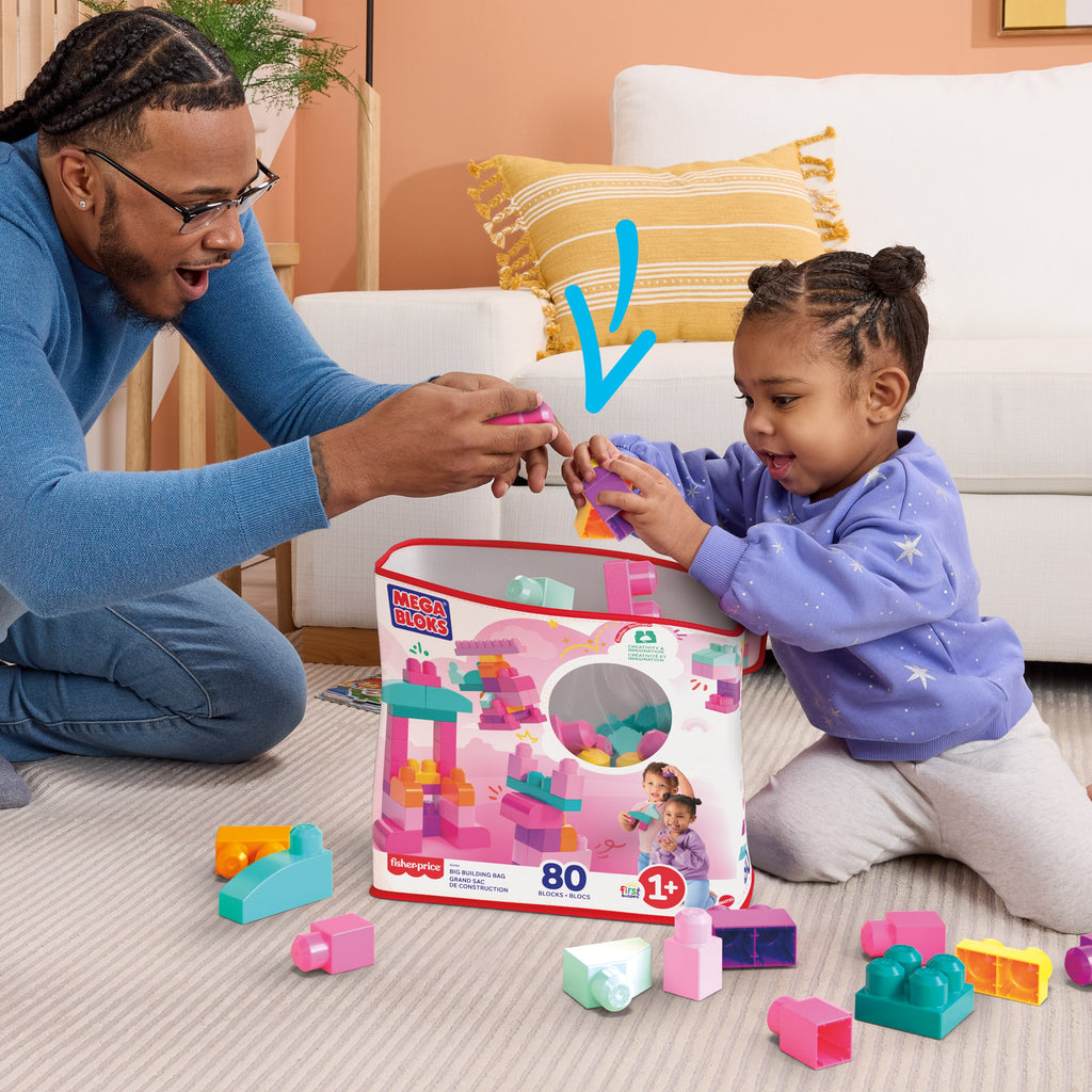 Mega Bloks 80'li Blok Torbaları (Pembe), Büyük Boyutlu Bloklar, 1 Yaştan İtibaren Uygun, Doğa Dostu Saklama Çantası Dahil, DCH62