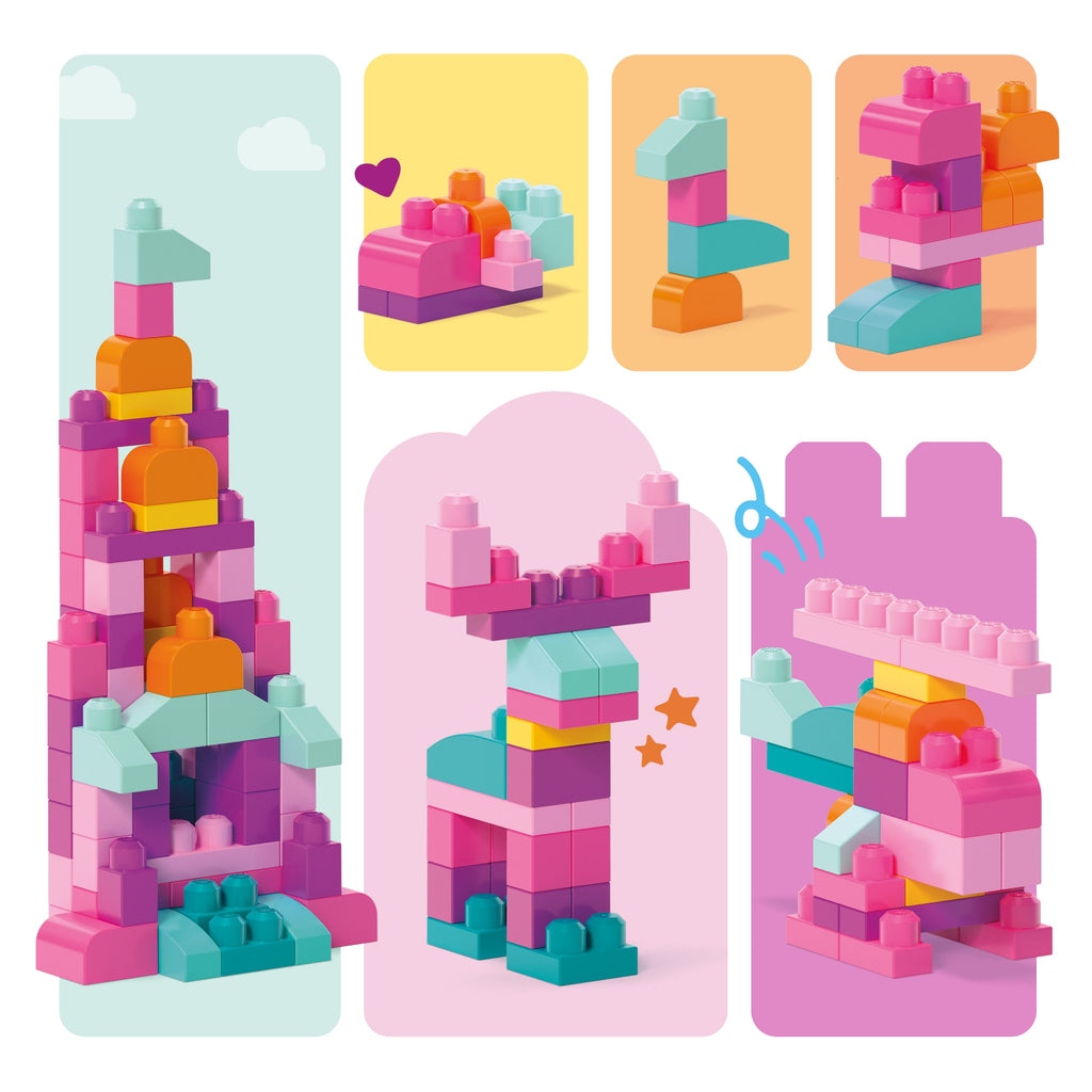 Mega Bloks 80'li Blok Torbaları (Pembe), Büyük Boyutlu Bloklar, 1 Yaştan İtibaren Uygun, Doğa Dostu Saklama Çantası Dahil, DCH62