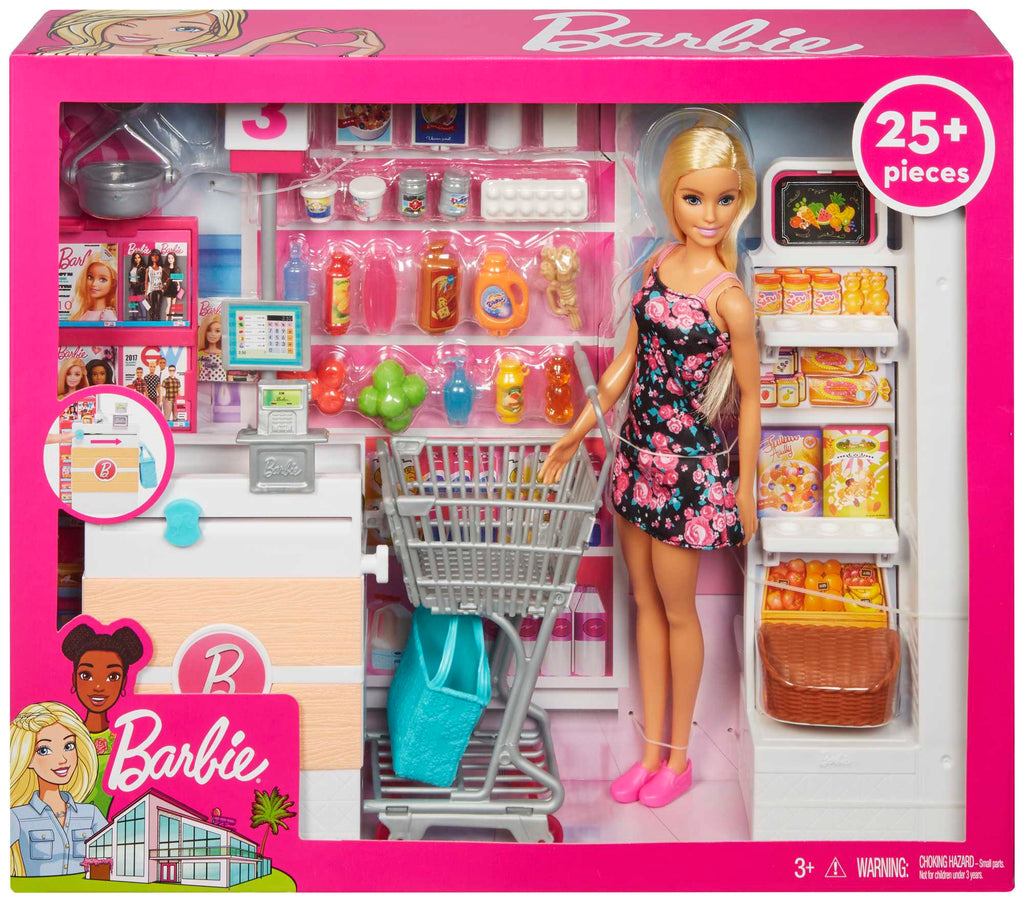 Barbie Süpermarkette Oyun Seti, Alışveriş Sepeti ve 25'ten Fazla Aksesuar Dahil FRP01