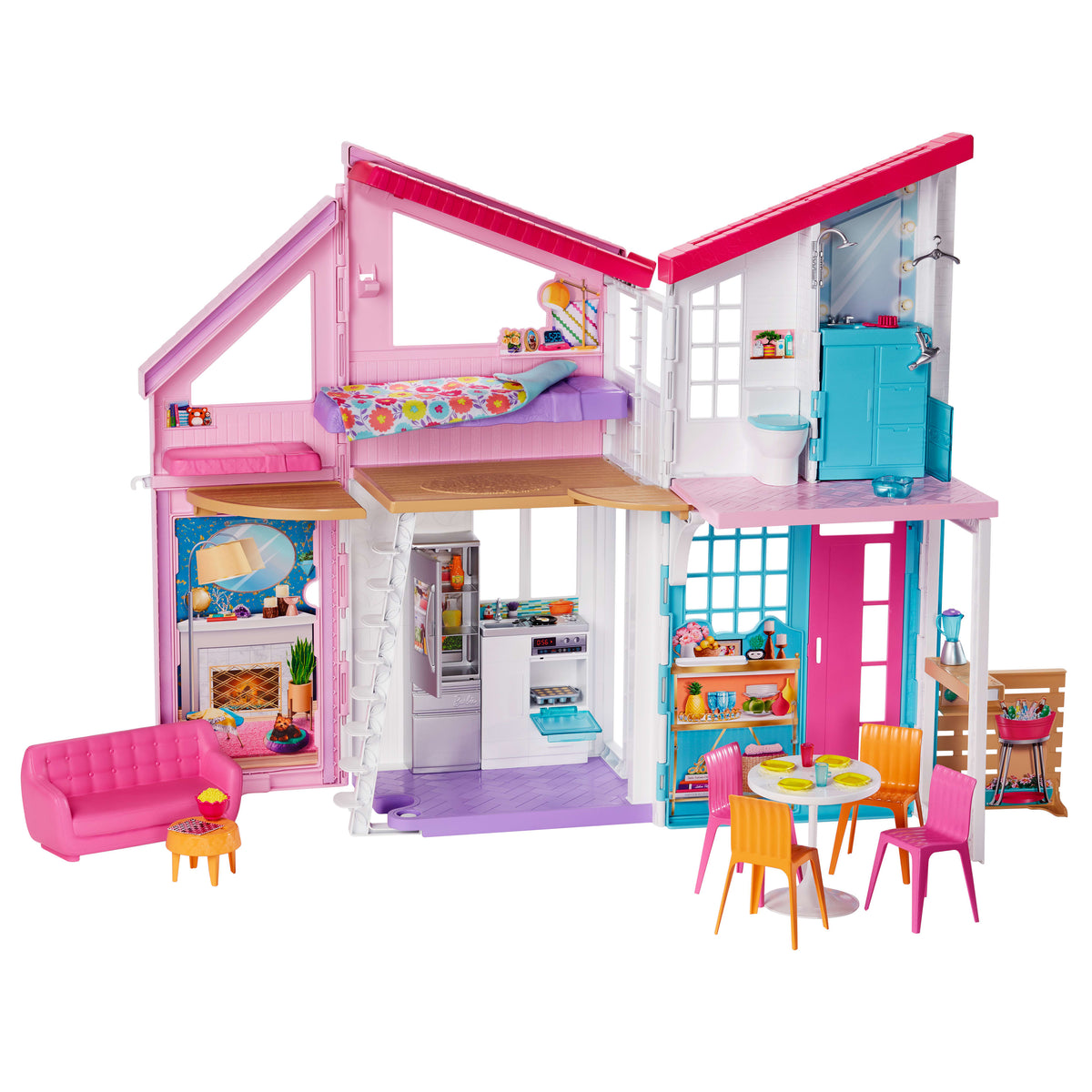 Barbie'nin Malibu Evi, Dönüşüm Özellikli, 25'ten Fazla Parçalı ve 2 Katlı Bebek Evi FXG57