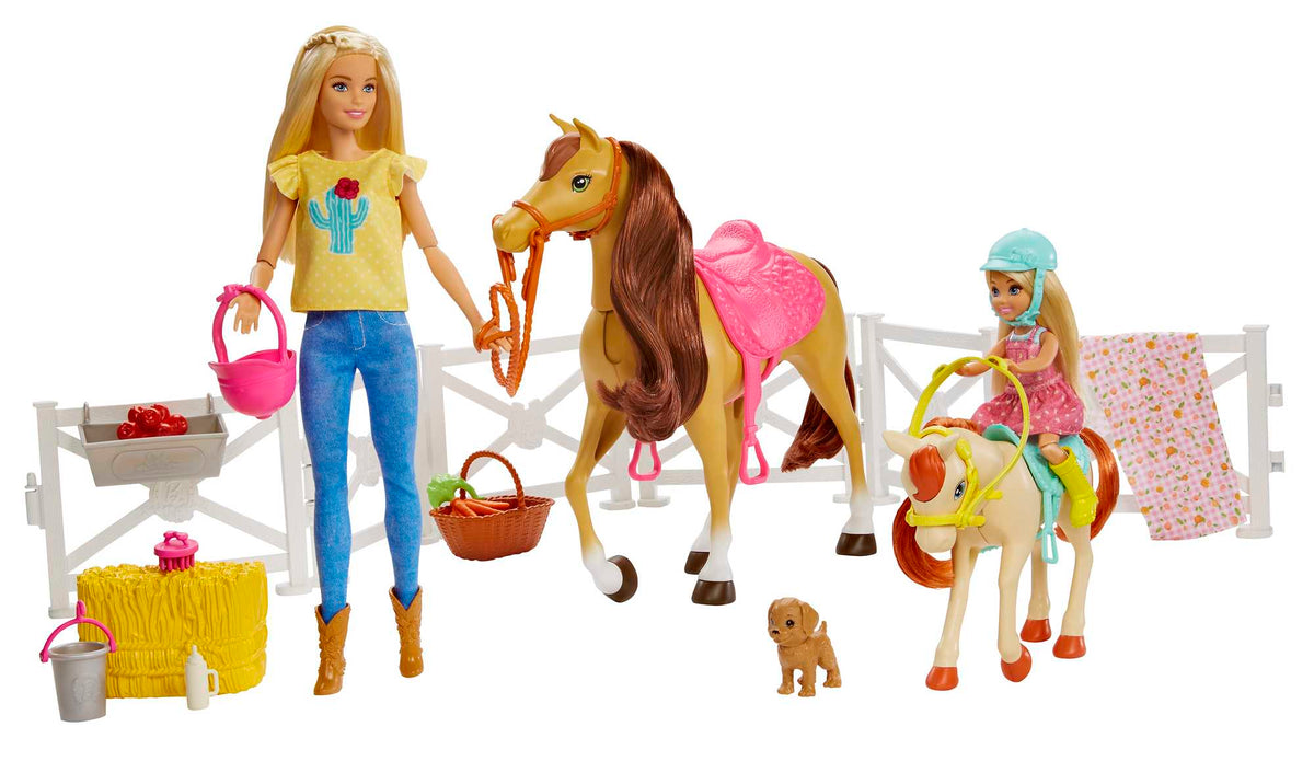 Barbie ve Chelsea Oyun Seti, Barbie Bebekler, 2 At ve 15'ten Fazla Aksesuar Dahil FXH15