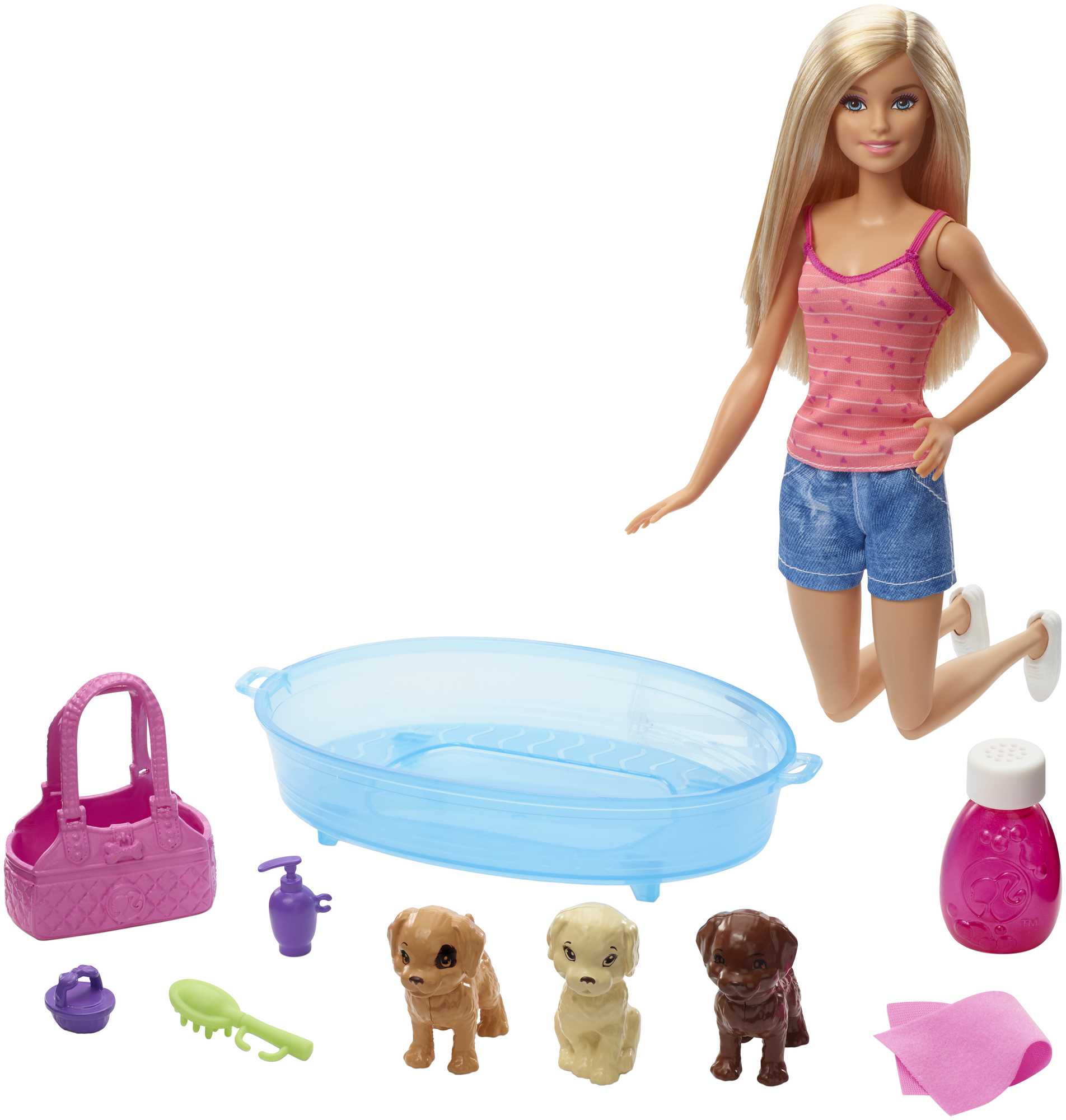 Barbie Bebek ve Aksesuarları - 3 Yavru Köpekli Oyun Seti, Hayvancıklar İçin Küvet ve Aksesuarlar GDJ37