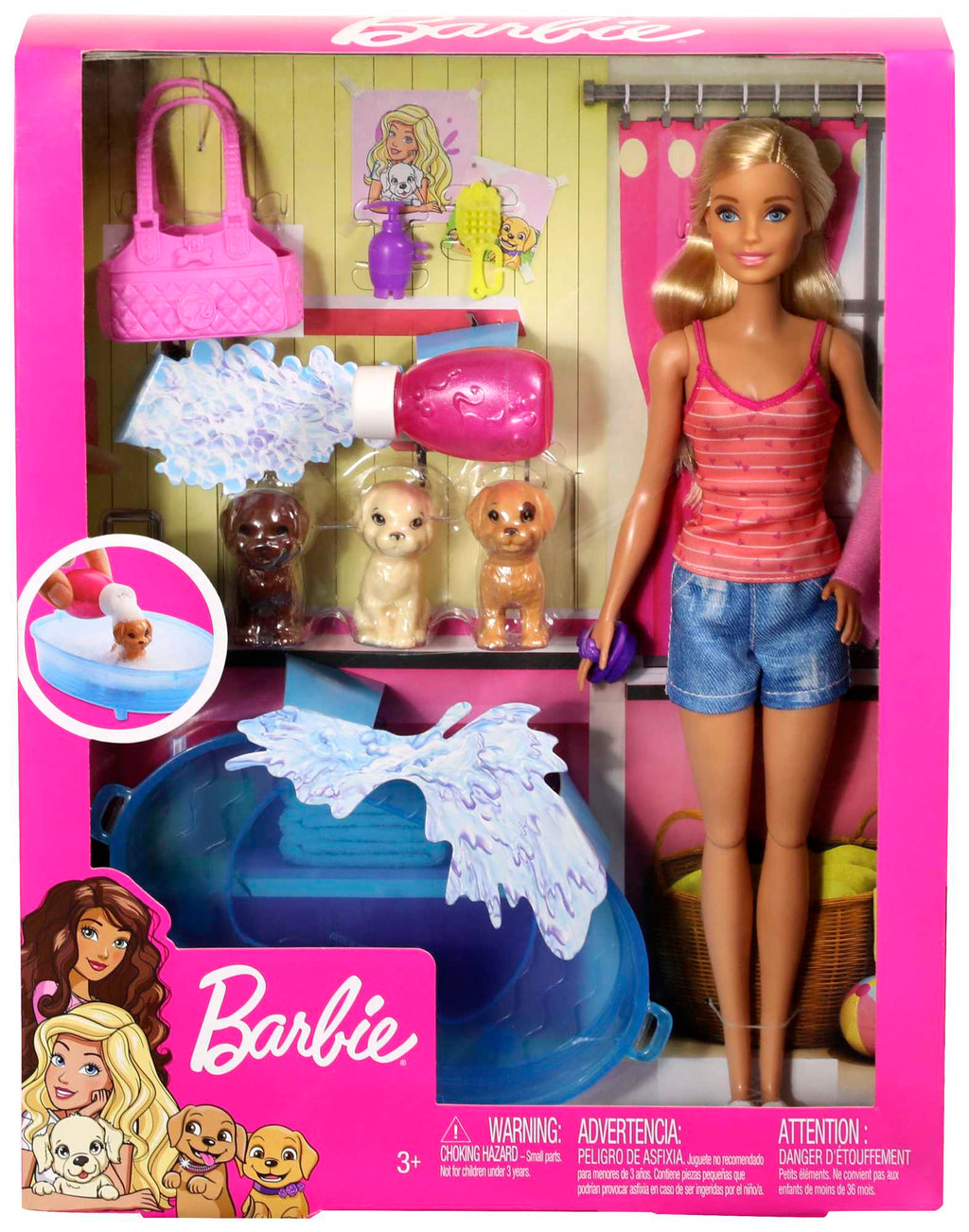 Barbie Bebek ve Aksesuarları - 3 Yavru Köpekli Oyun Seti, Hayvancıklar İçin Küvet ve Aksesuarlar GDJ37