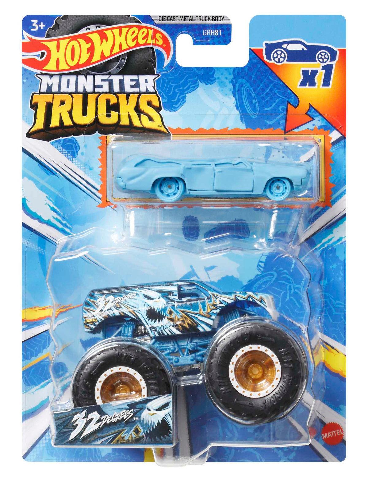 Hot Wheels® Monster Trucks 1:64 ölçekli araçlar, 2'li paket; 1 adet metal Monster Truck aracı ve 1 adet araba