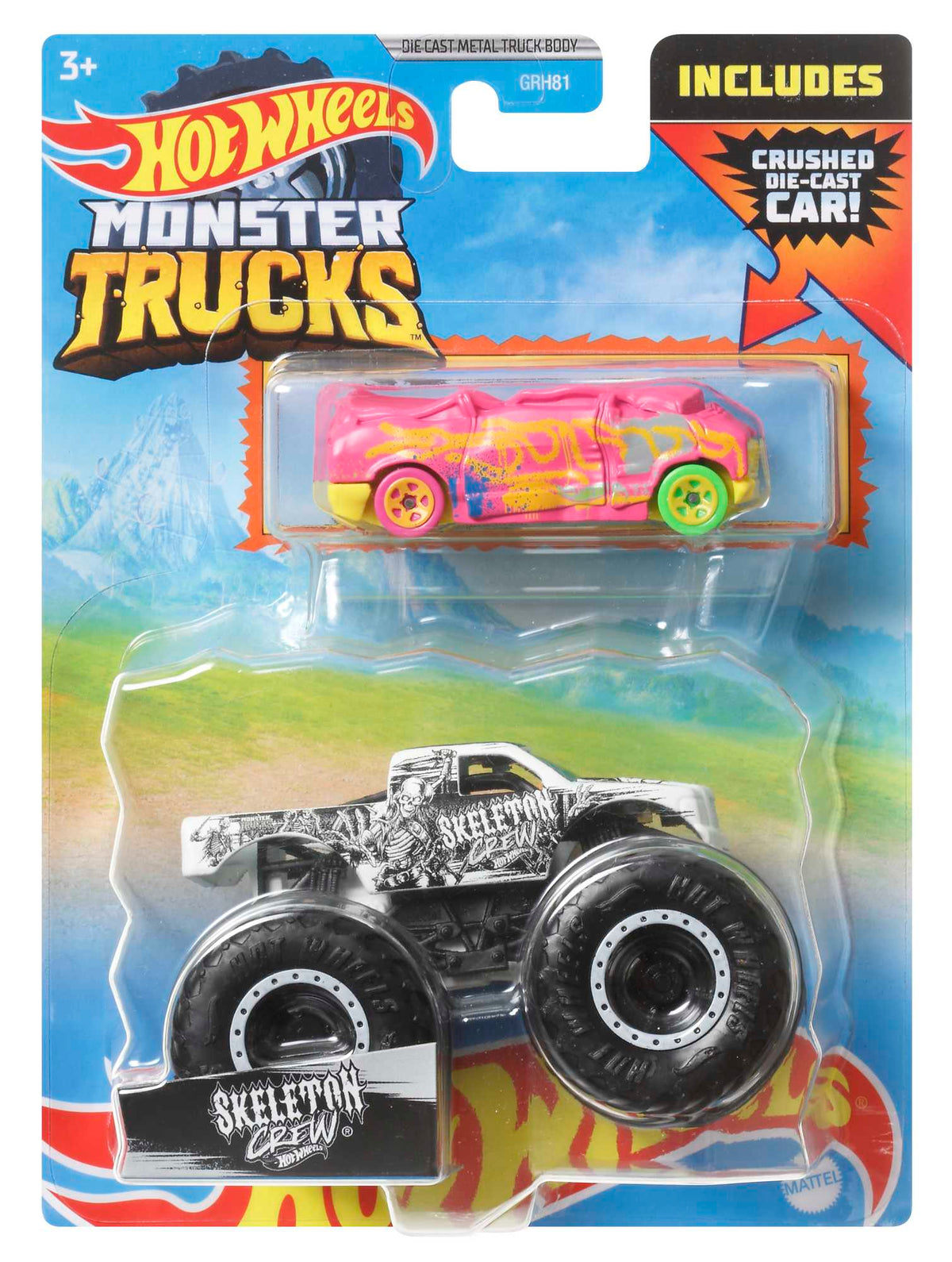 Hot Wheels® Monster Trucks 1:64 ölçekli araçlar, 2'li paket; 1 adet metal Monster Truck aracı ve 1 adet araba
