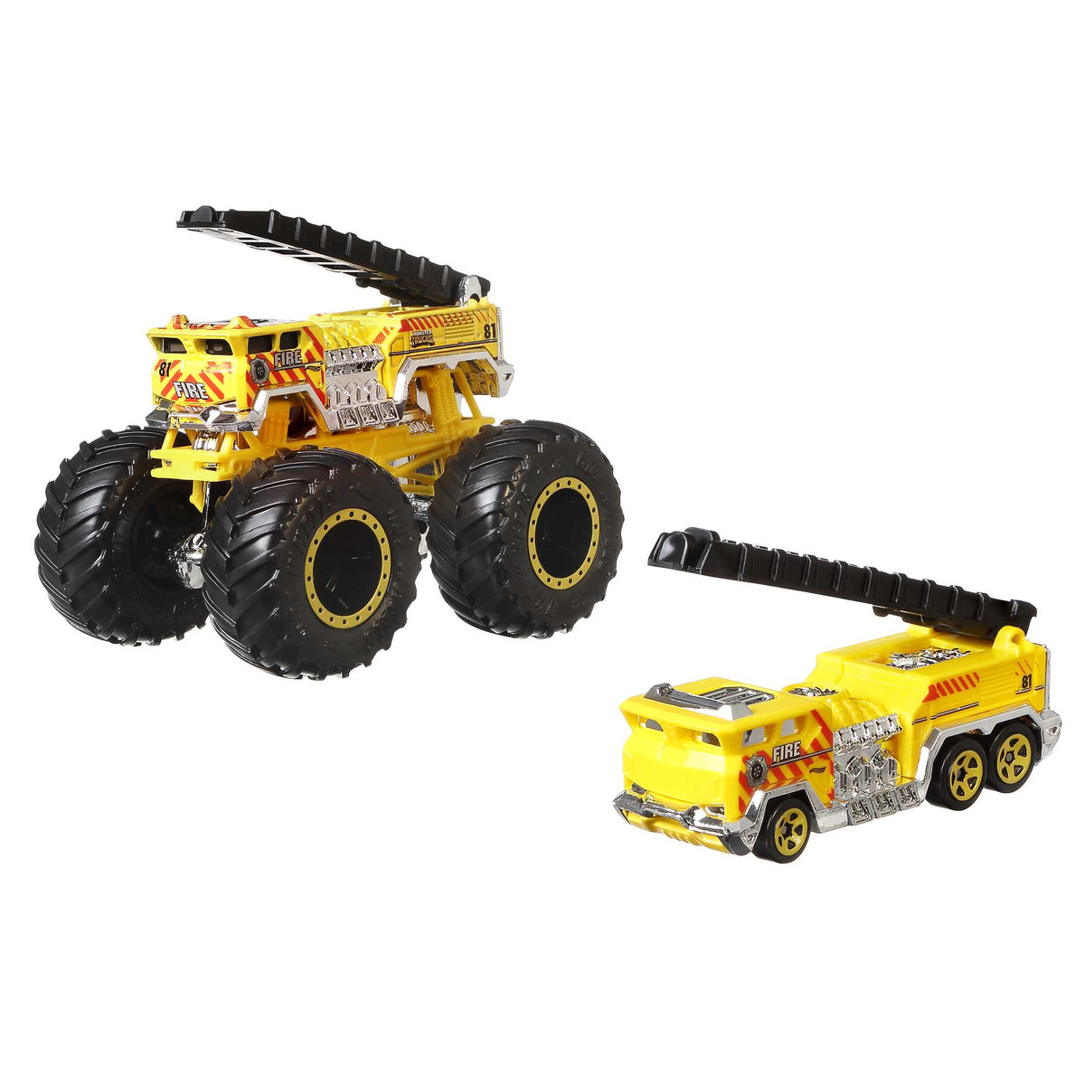 Hot Wheels® Monster Trucks 1:64 ölçekli araçlar, 2'li paket; 1 adet metal Monster Truck aracı ve 1 adet araba