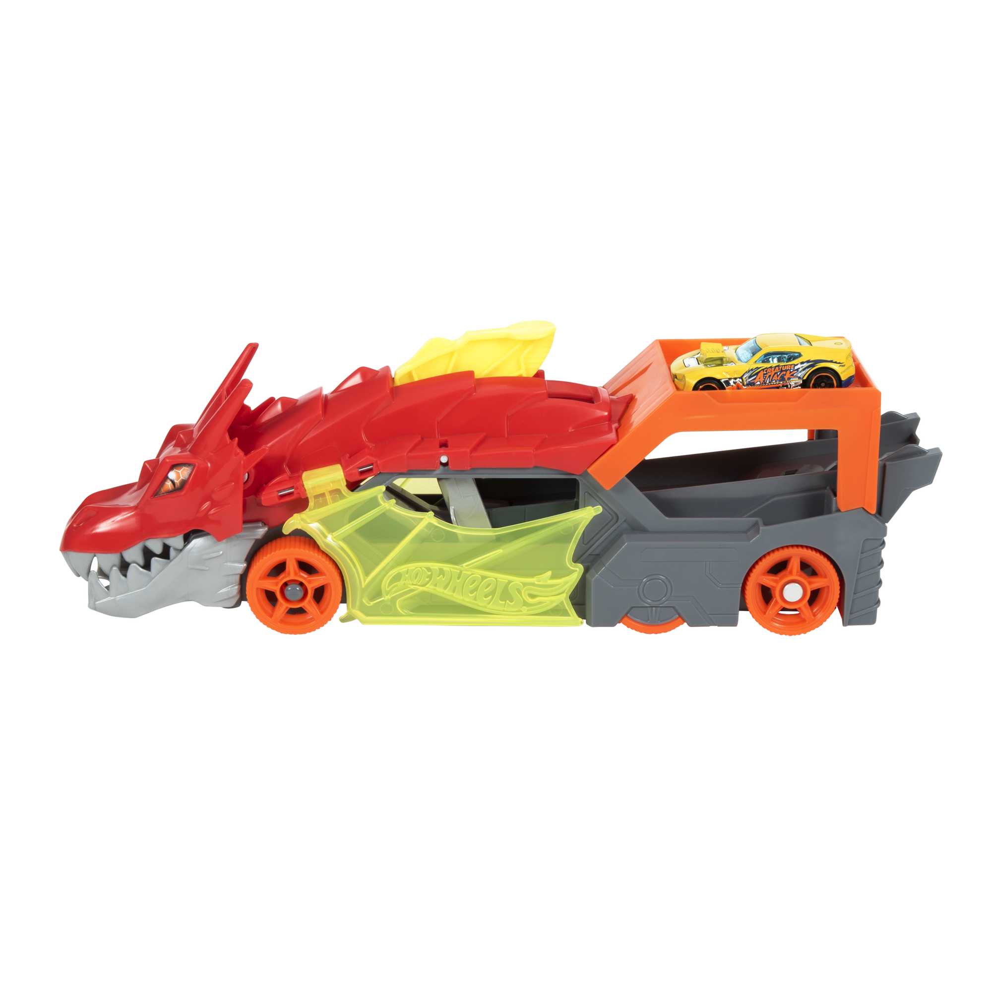 Hot Wheels Şehri Ejderha Fırlatıcı ve Taşıyıcı Tır - Ağzından Araba Püskürten Oyun Seti, 3 Yaş ve Üzeri