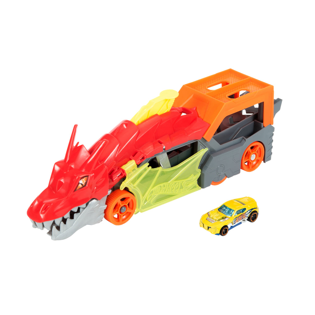 Hot Wheels Şehri Ejderha Fırlatıcı ve Taşıyıcı Tır - Ağzından Araba Püskürten Oyun Seti, 3 Yaş ve Üzeri