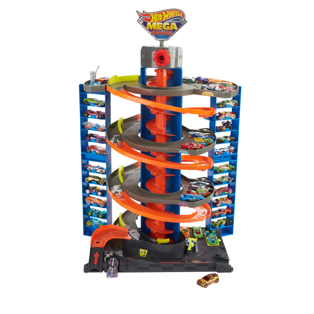 Hot Wheels City Mega Garaj Oyun Seti – Sarmal Asansörlü, 60+ Araç Kapasiteli Pist Seti, 1 Adet 1:64 Araç Dahil (GTT95)