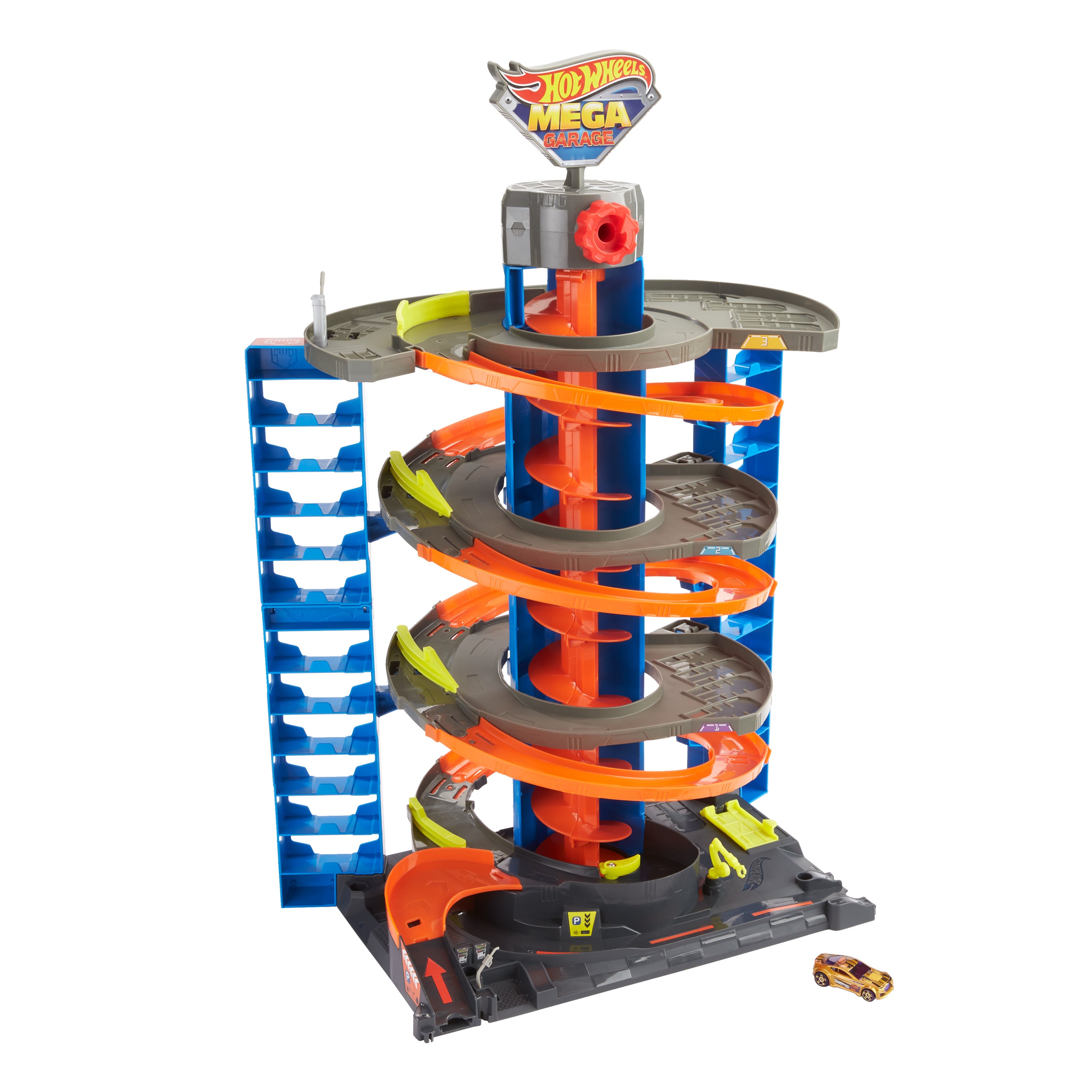 Hot Wheels City Mega Garaj Oyun Seti – Sarmal Asansörlü, 60+ Araç Kapasiteli Pist Seti, 1 Adet 1:64 Araç Dahil (GTT95)
