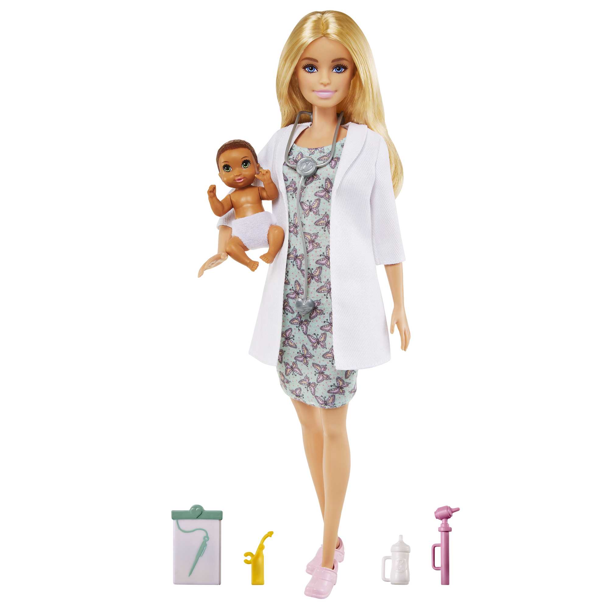 Barbie Doktor Oyun Seti, sarışın Barbie Bebek (30 cm), oyuncak bebek, stetoskop, termometre, osiloskop, çizelge, battaniye ve biberon bulunur, 3 yaş ve üzeri için mükemmel hediye GVK03