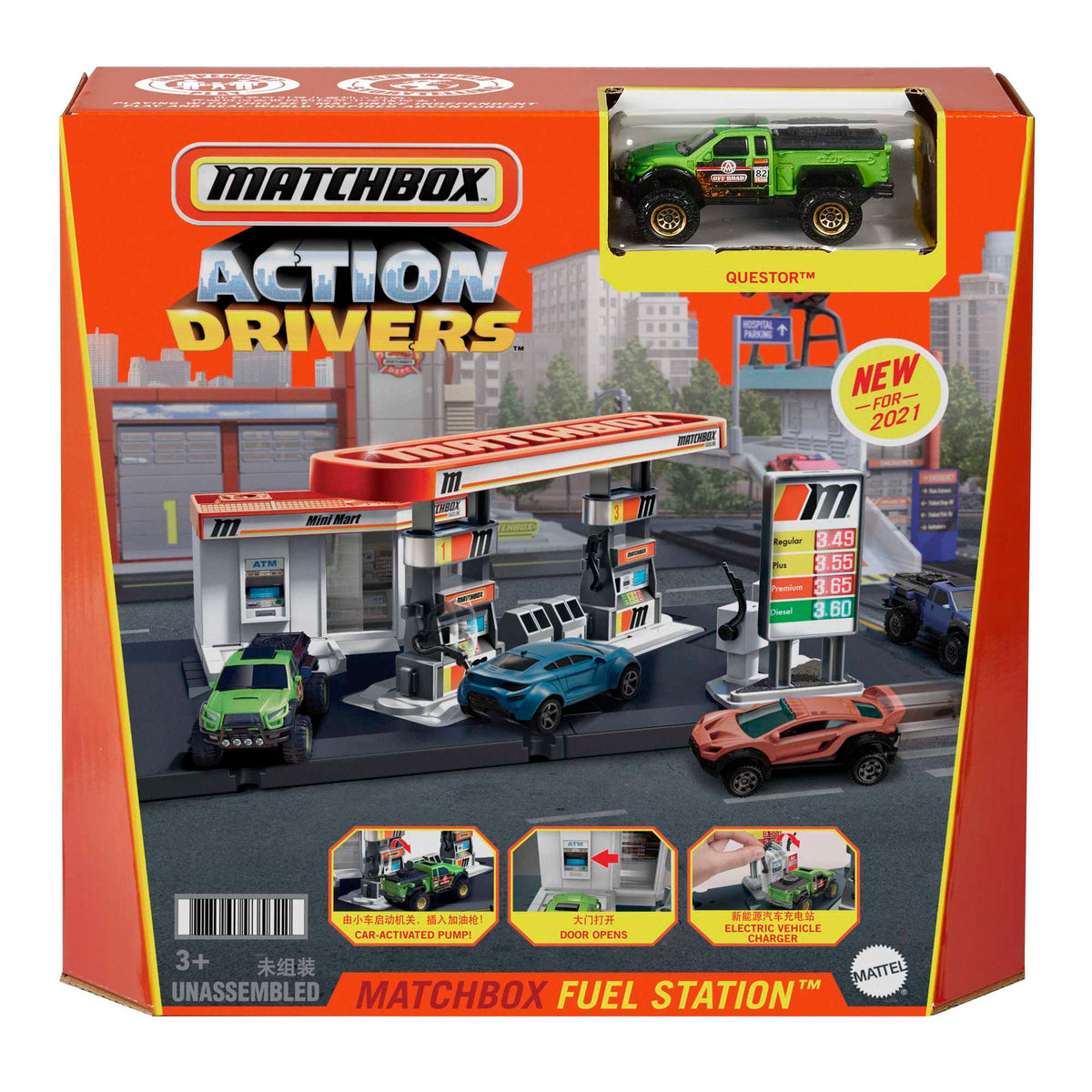 Matchbox Aksiyon Sürücüleri Benzin İstasyonu Oyun Seti, 1:64 Ölçekli 1 Adet Araç ve Basarak Çalıştırılan Benzin Pompası İle GVY84