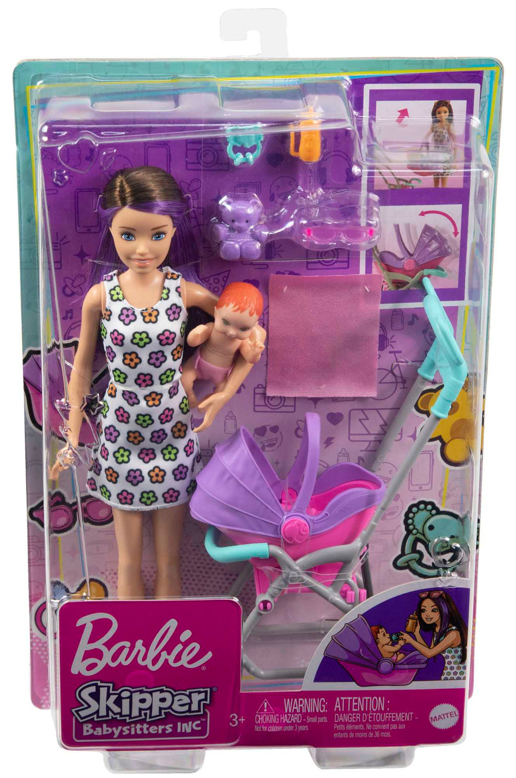 3 yaş ve üzeri çocuklar için Barbie® Skipper™ Bebek Bakıcısı™ oyun seti, bebek ve bebek arabası