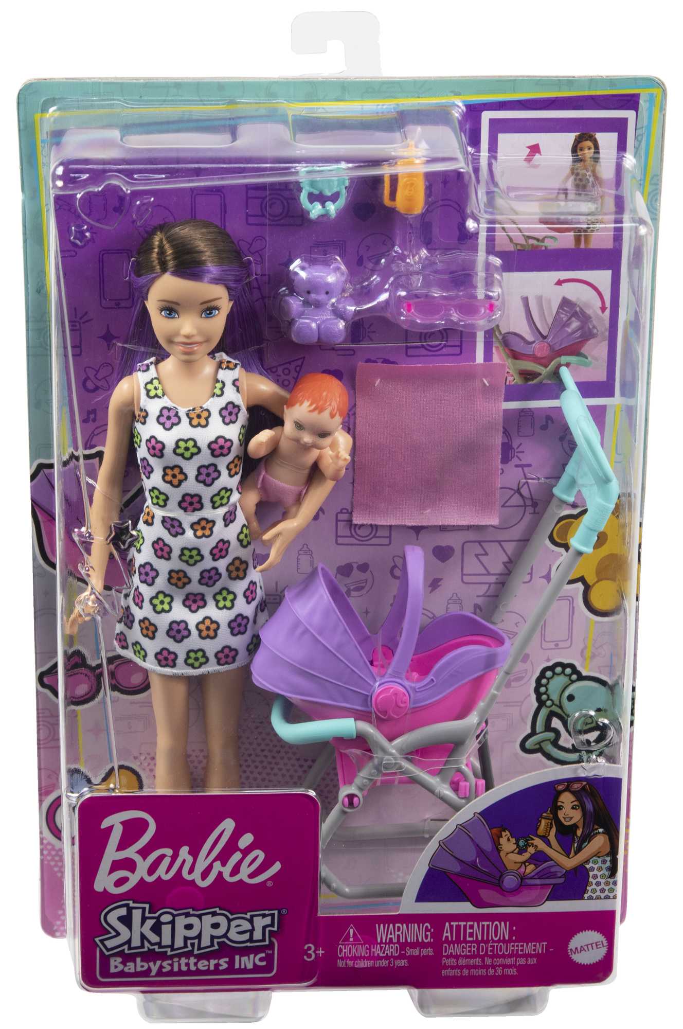 3 yaş ve üzeri çocuklar için Barbie® Skipper™ Bebek Bakıcısı™ oyun seti, bebek ve bebek arabası