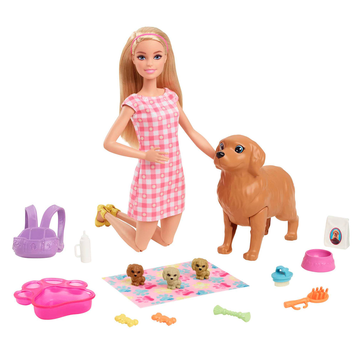 Barbie® ve Hayvan Dostları Oyun Seti, köpek, 3 yavru köpek ve aksesuarlar, 3-7 yaş