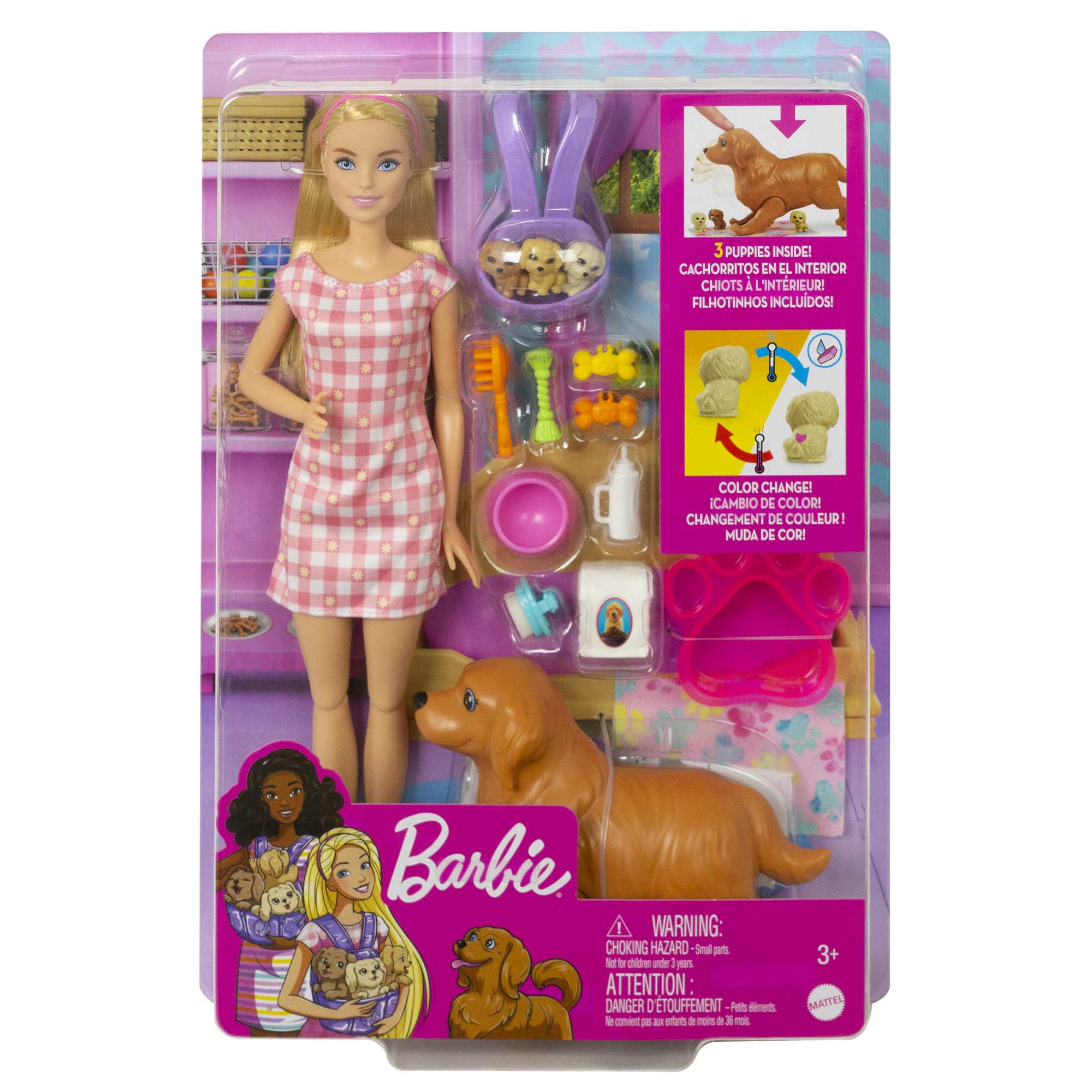 Barbie® ve Hayvan Dostları Oyun Seti, köpek, 3 yavru köpek ve aksesuarlar, 3-7 yaş