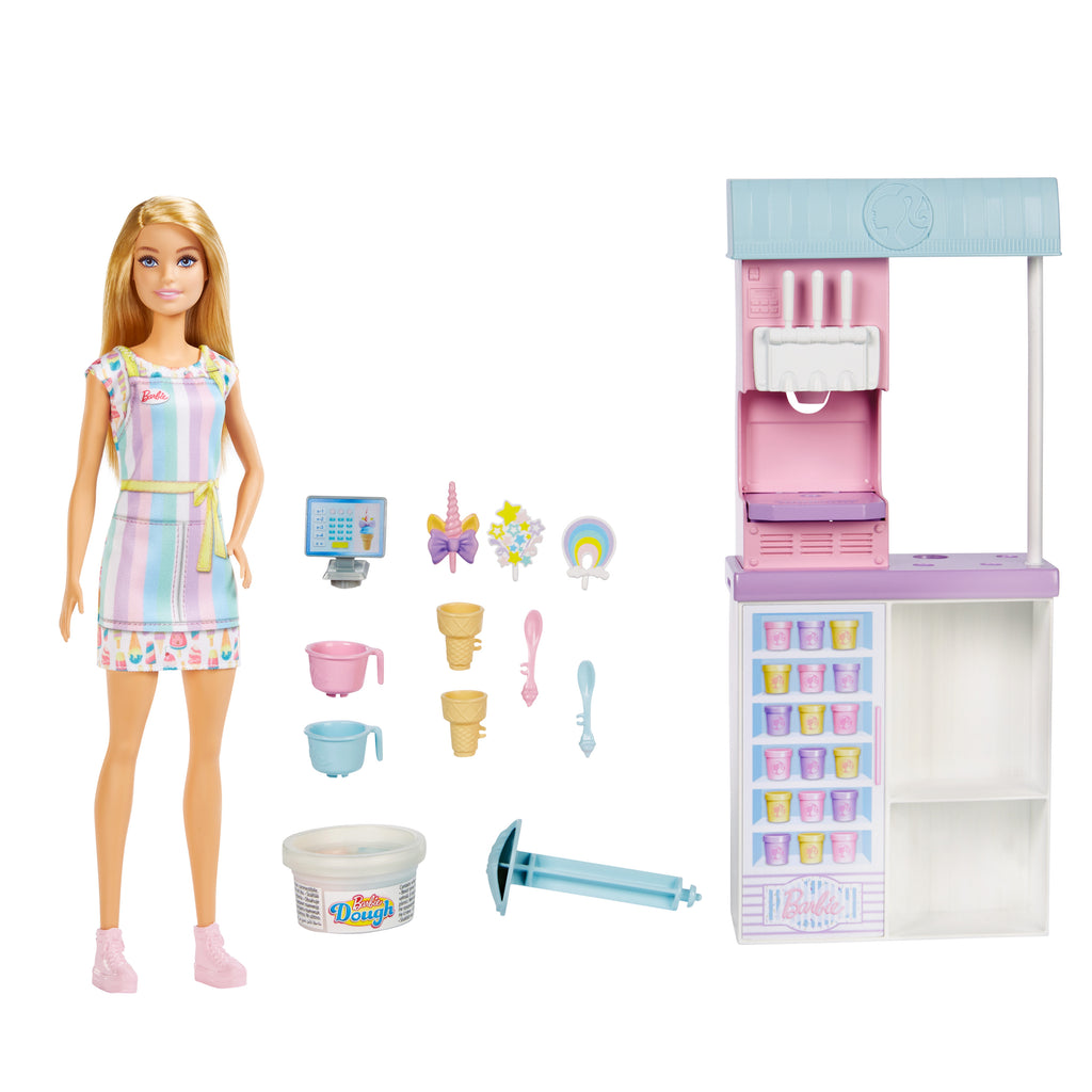 Barbie® Dondurma Dükkanı Oyun Seti, 30 cm sarışın bebek, dondurma yapabilme özelliği ve gerçeğe uygun oyun aksesuarları
