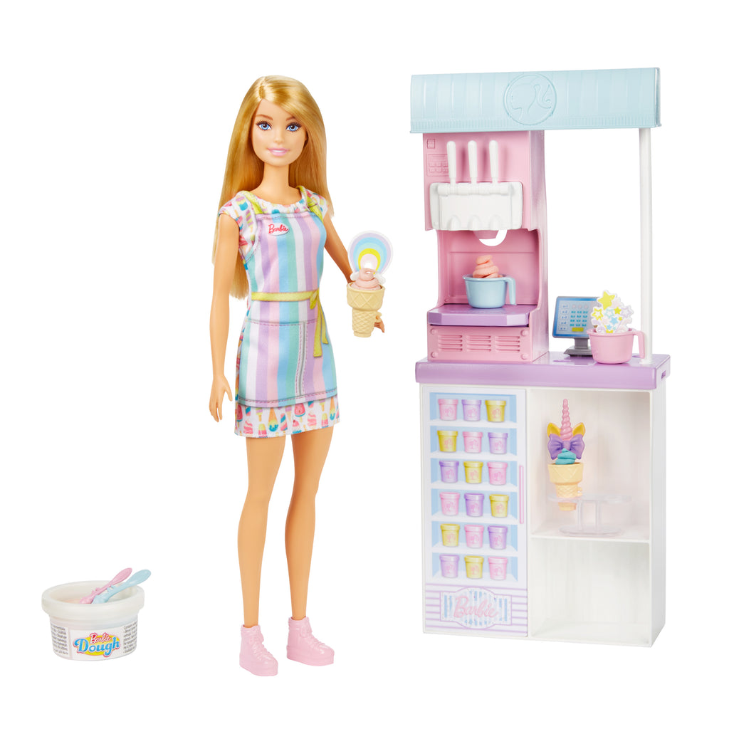 Barbie® Dondurma Dükkanı Oyun Seti, 30 cm sarışın bebek, dondurma yapabilme özelliği ve gerçeğe uygun oyun aksesuarları