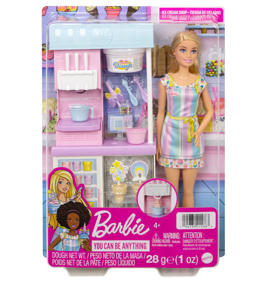 Barbie® Dondurma Dükkanı Oyun Seti, 30 cm sarışın bebek, dondurma yapabilme özelliği ve gerçeğe uygun oyun aksesuarları