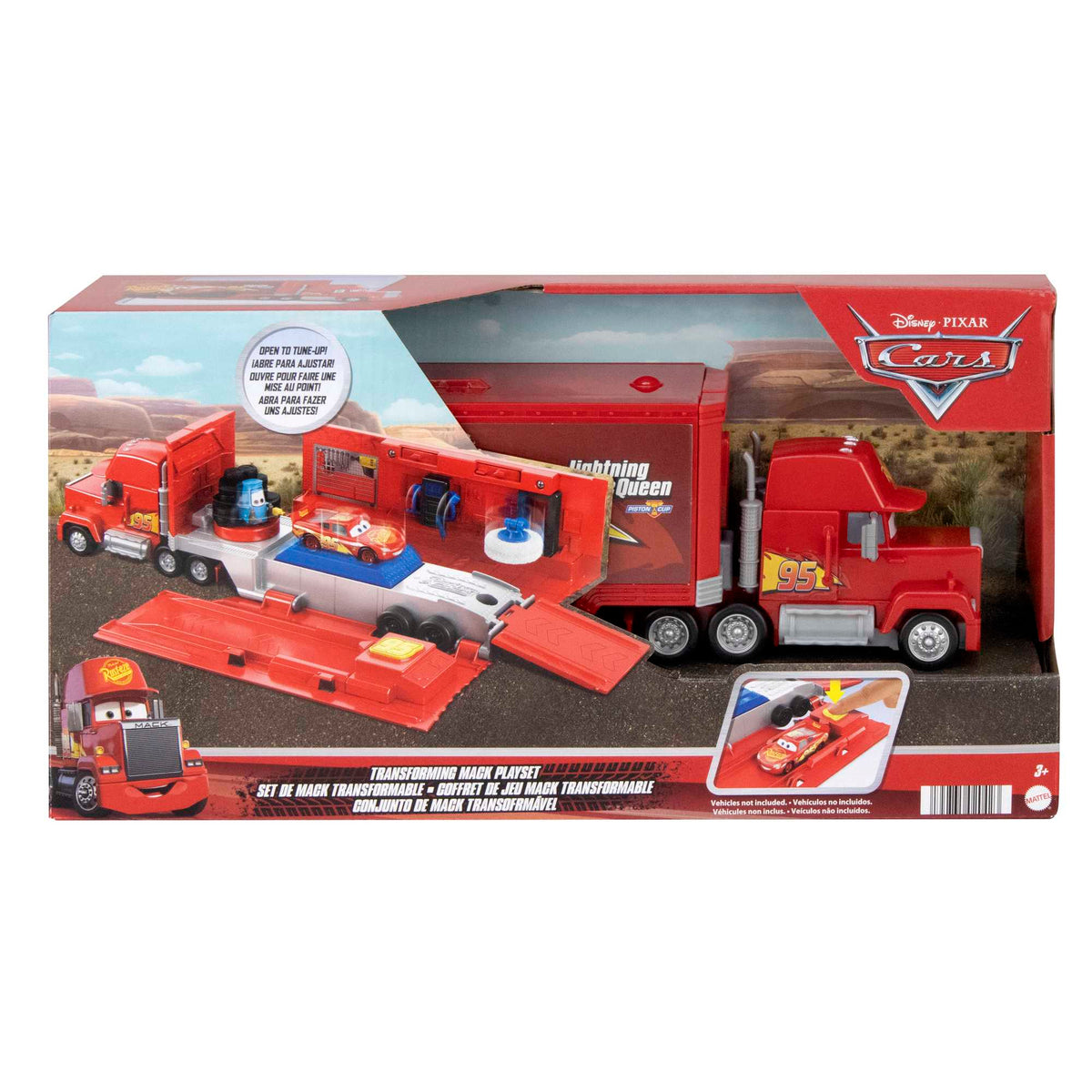 Disney ve Pixar Cars dönüştürülebilir Mack oyun seti, 2'si 1 arada oyuncak kamyon ve ayar istasyonu