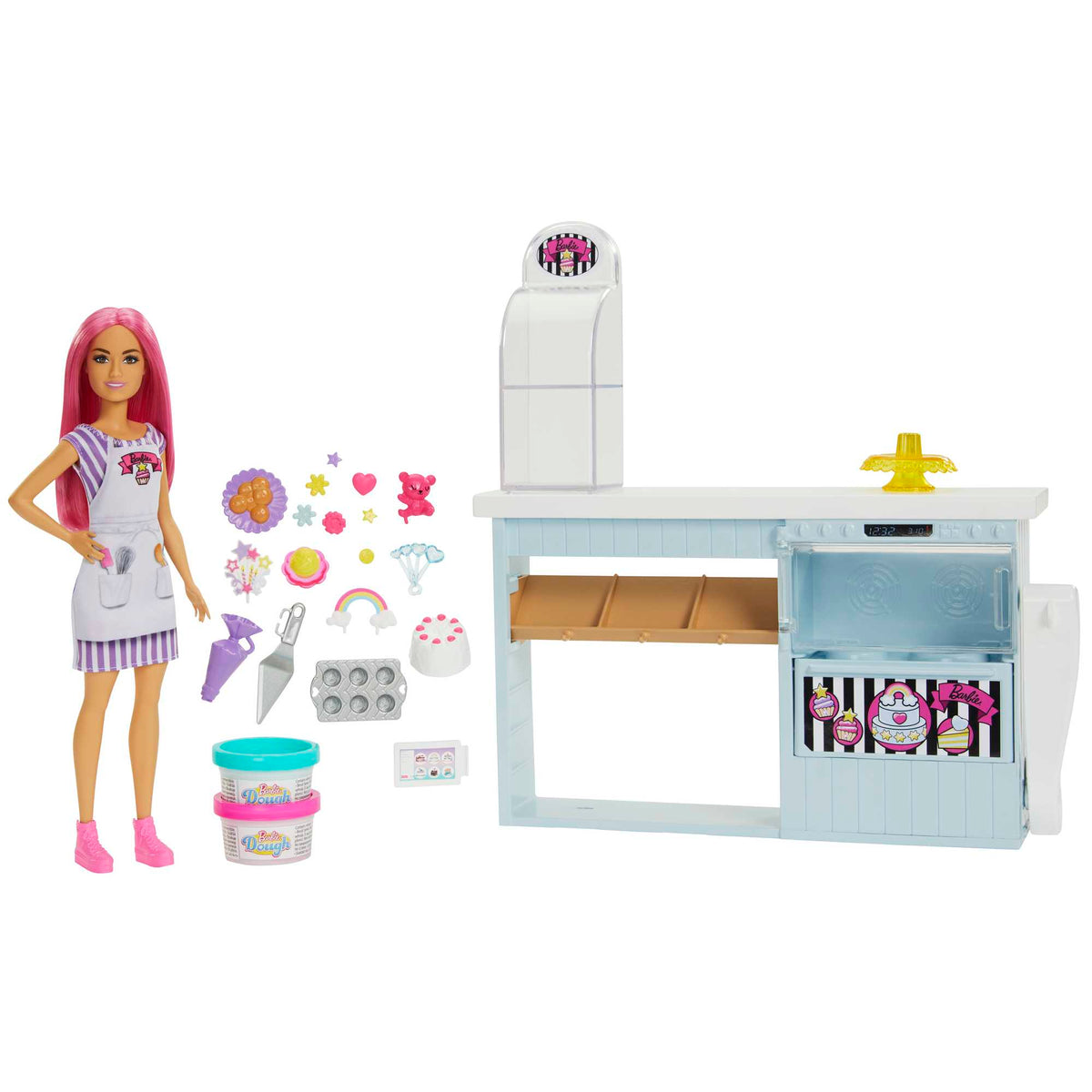 Barbie® Pasta Dükkanı oyun seti ve pembe saçlı, minyon 30 cm bebek, fırın standı, pasta yapma özelliği, gerçeğe uygun 20'den fazla oyun parçası, 3 yaş ve üzeri